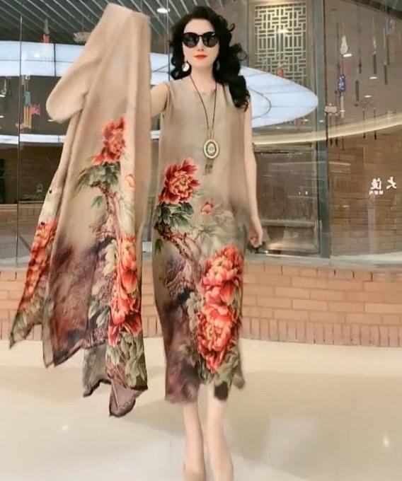 Cross-border New Arrival Artificial Silk Blended Dress Two-piece Loose Suit Printed Skirt-Aria Doejay