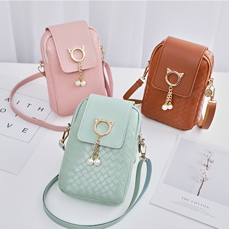 Mobile Phone Bags Women Woven Pearl Tassel Cover Type Crossbody Shoulder Bag-Aria Doejay