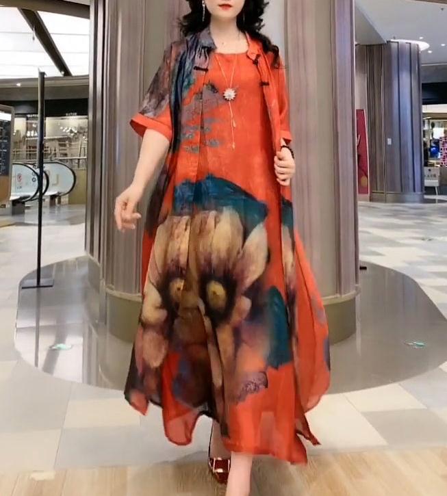 Cross-border New Arrival Artificial Silk Blended Dress Two-piece Loose Suit Printed Skirt-Aria Doejay