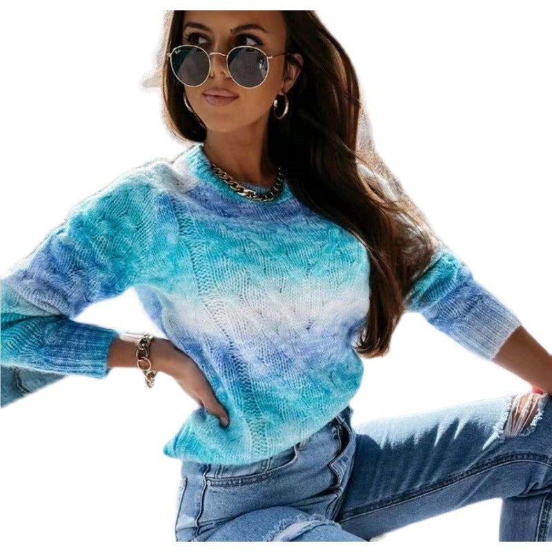 New Arrival Women's Pullover Long-sleeved Round Neck Gradient Rainbow Slim-fit Sweater-Aria Doejay