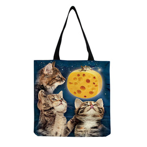 Cat Printed Cotton And Linen Shopping Bag