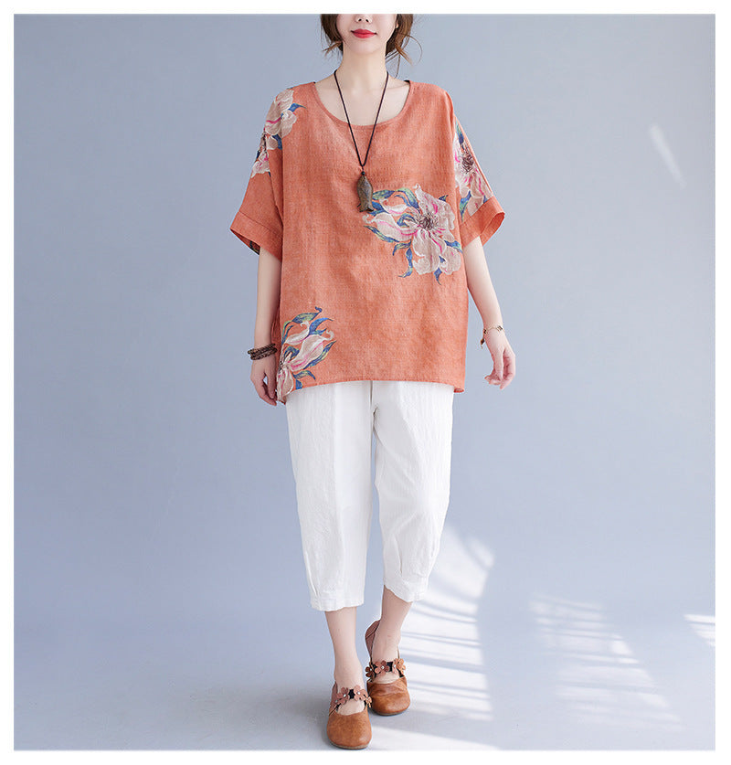 Korean Cotton Hemp Fat Mm Half Sleeve Top Summer-Aria Doejay