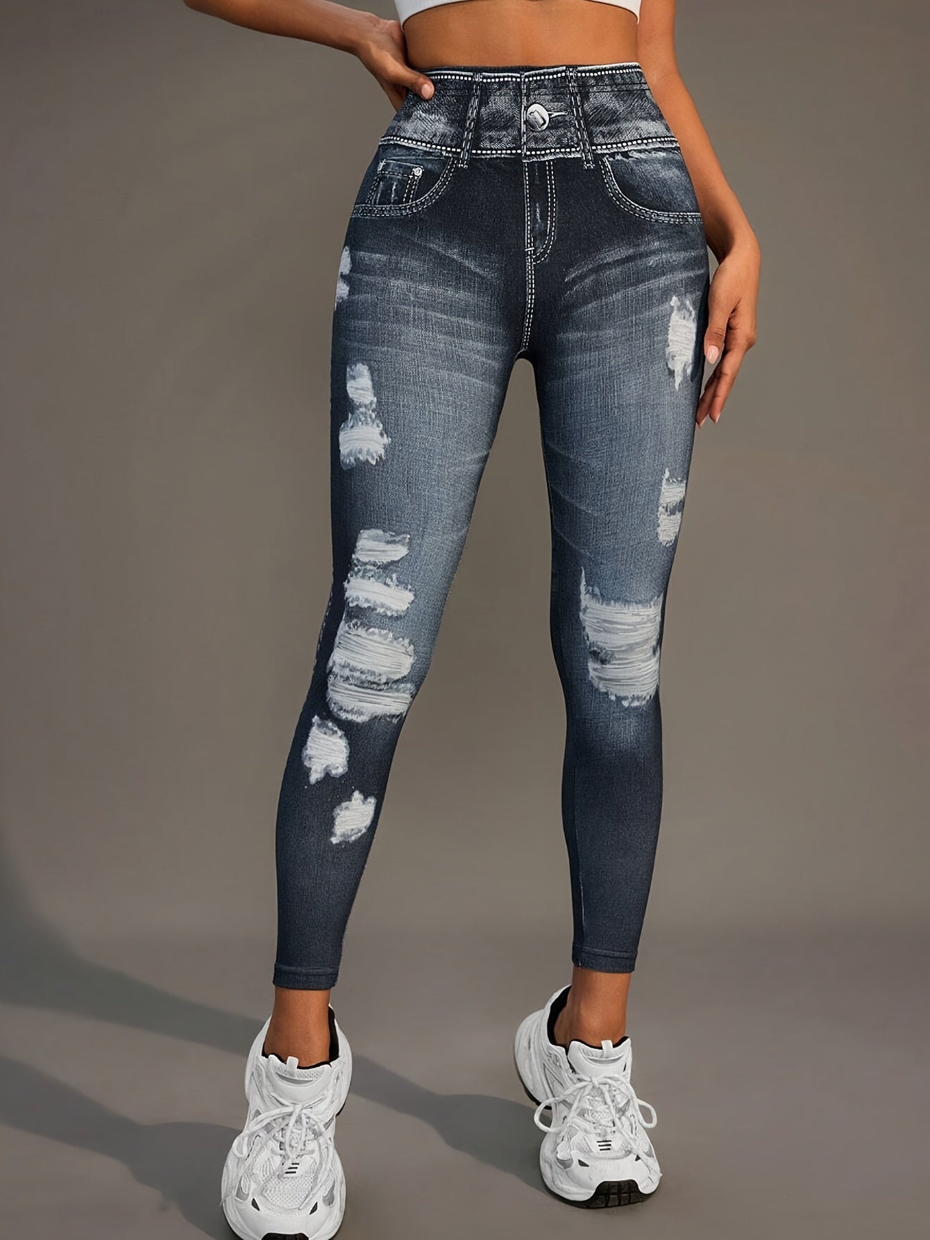 Faux Denim Print High Waist Leggings, Casual Skinny Stretchy Tights Leggings For Daily Wear, Women's Clothing