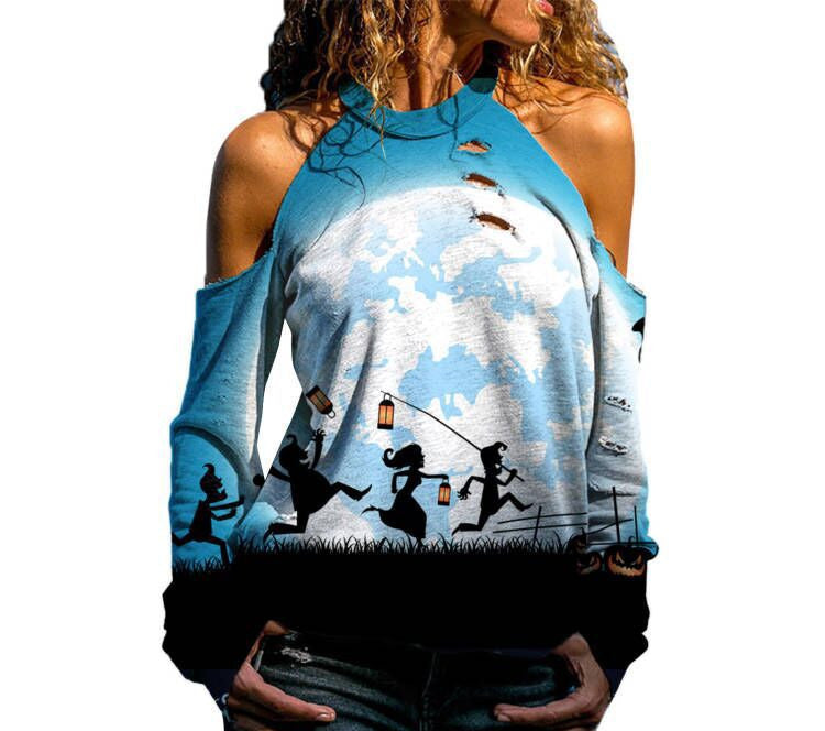 Halloween Off Shoulder Printed Top Womens Casual Loose Stitching Long Sleeved T-Shirt