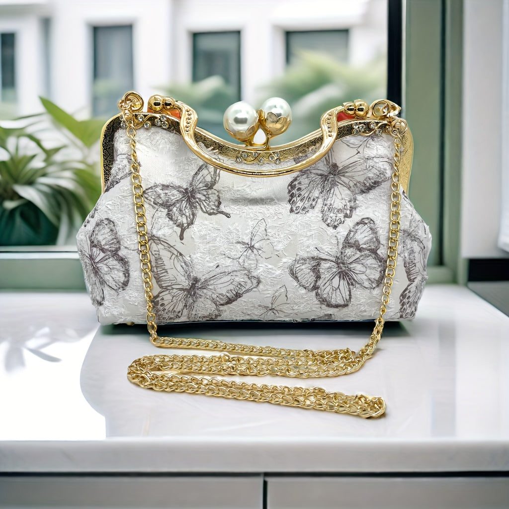 Luxurious White Butterfly Embroidery Evening Bag For Women, Medium Size, Removable Shoulder Strap, Pearl Golden Kiss Lock, Clutch, With Colin Bag