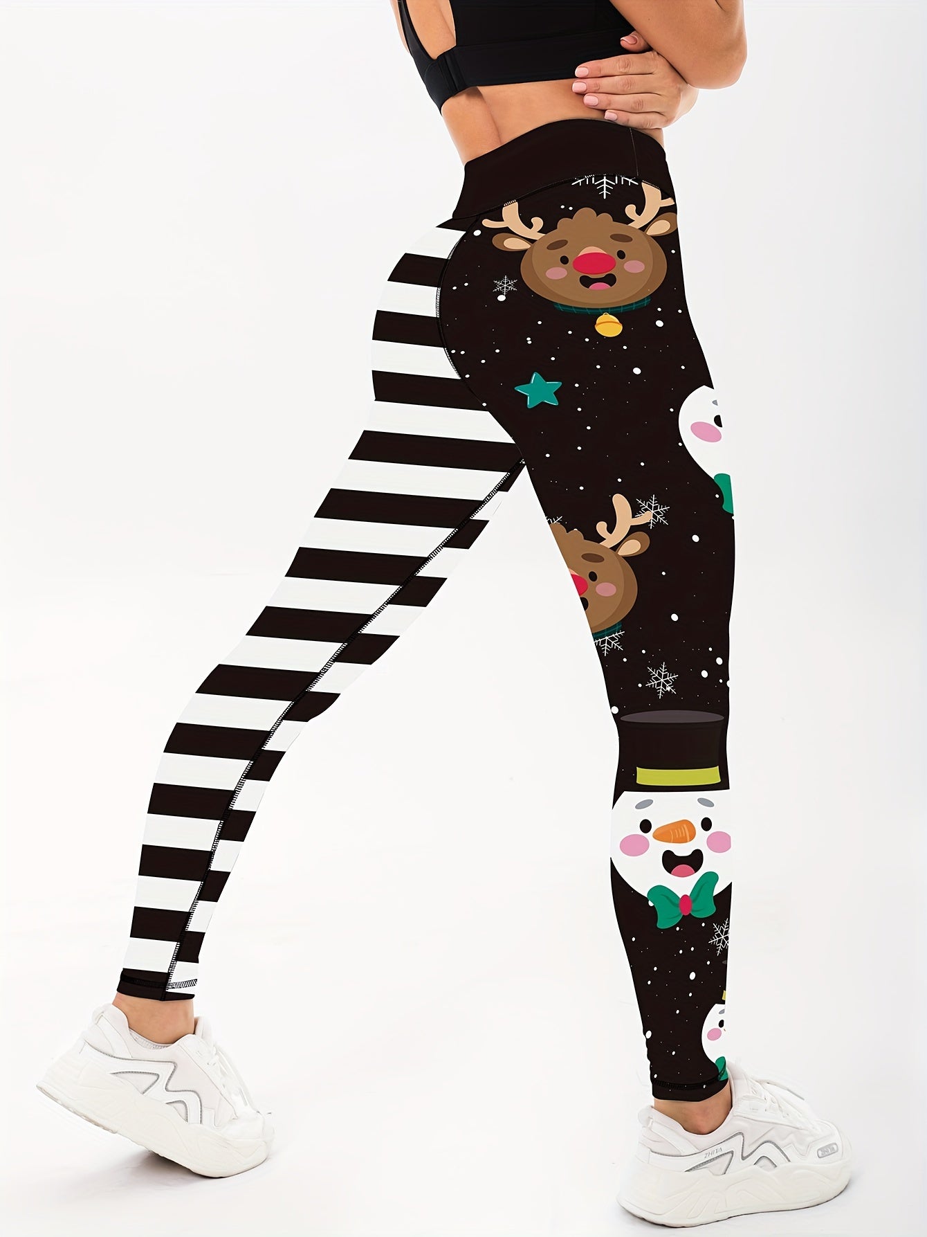 Christmas Snowflake Deer Print Sports Leggings, High Stretch Running Yoga Fitness Pants, Women's Activewear