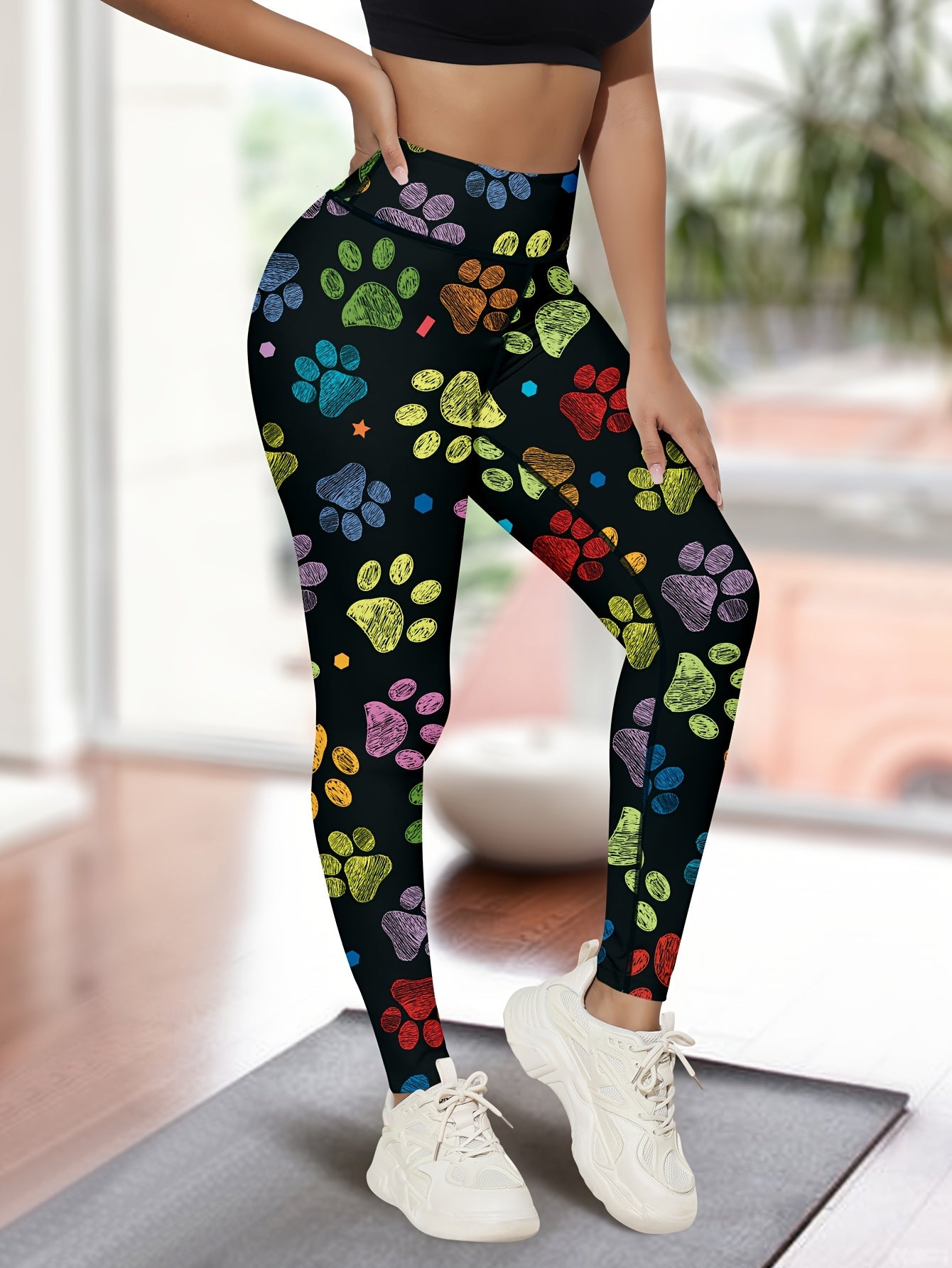 Women's Yoga Pants - High Elasticity, All-Season, Long Length, Printed Bear Paw Pattern, Casual Style, Polyester Knit Fabric, Tight Fit, Adult - Comfortable, Stretchable, Flattering Yoga Leggings