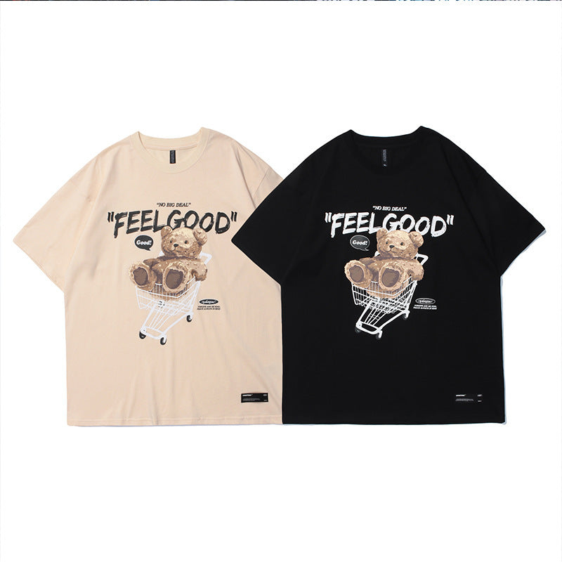 Bear Cartoon Print Tide Brand Couple Loose Short-sleeved T-shirt-Aria Doejay