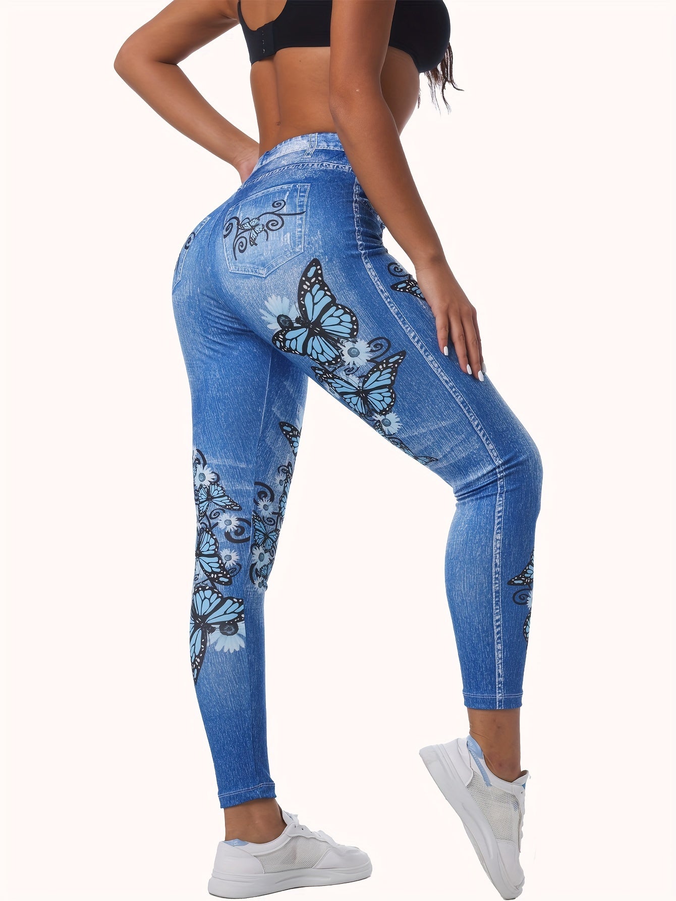 Elegant Women's Denim Leggings with Butterfly Print - Fall/Winter Collection - 9/10 Length - Adult Size - Polyester Blend - Knit Fabric - Perfect for Festive Occasions