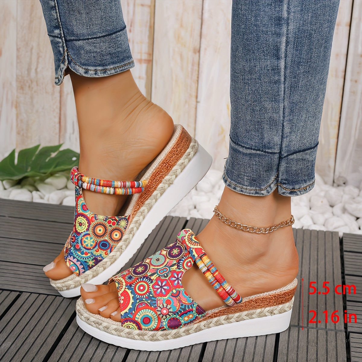 Vibrant Colorful Mandala Wedge Sandals - Slides with Comfortable Platform, Slip-On Design, Stylish Vacation Shoes for Beach, Pool, and Summer Fun - Perfect for Women's Comfortable Walking and Relaxation