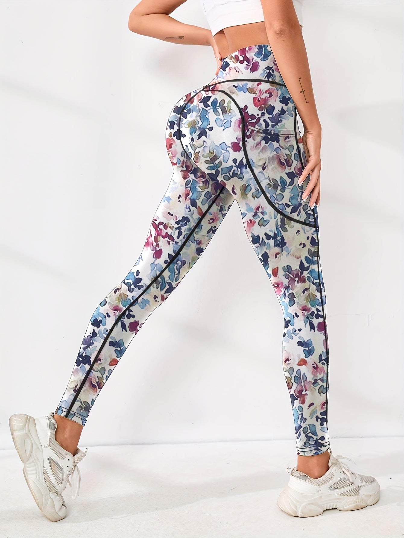 Women's Yoga Pants With Floral Print, Quick-Drying, High Waist, With Pocket, Lift Butt, For Fitness And Gym