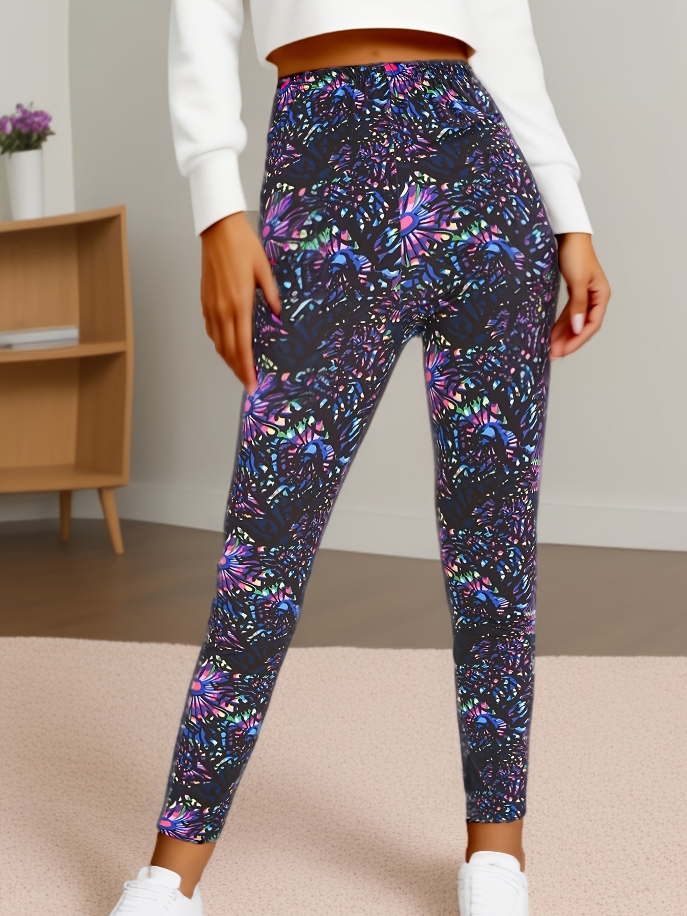 Glow-in-the-Dark Floral Print High-Waist Leggings for Women - Stretchy, Comfortable Activewear for Yoga, Running & Casual Attire