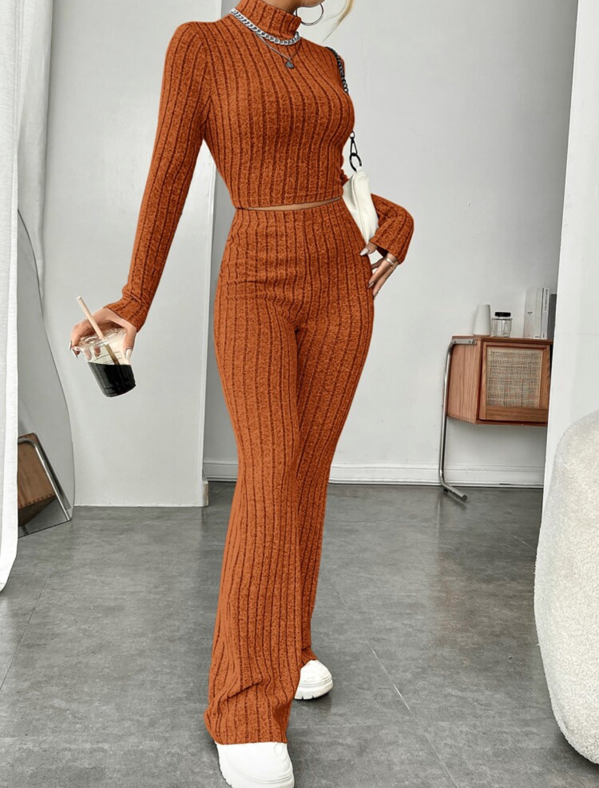 Long Sleeve Turtlenecks Wide Leg High Waist Trousers Suit-Aria Doejay