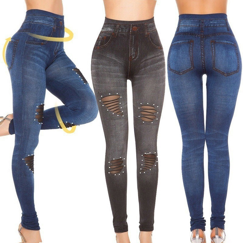 Cutout Mesh Studs Pearl Stretch Denim Leggings-Aria Doejay