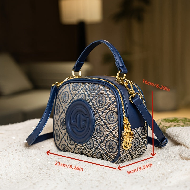 Casual Geometric Pattern Embroidered Canvas Crossbody Bag with Adjustable Strap and Zipper Closure, Fade Resistant, Polyester Lined, Embellished Messenger Bag in Blue - Guangzhou Origin