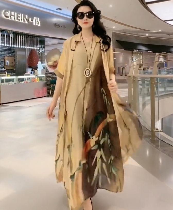 Cross-border New Arrival Artificial Silk Blended Dress Two-piece Loose Suit Printed Skirt-Aria Doejay