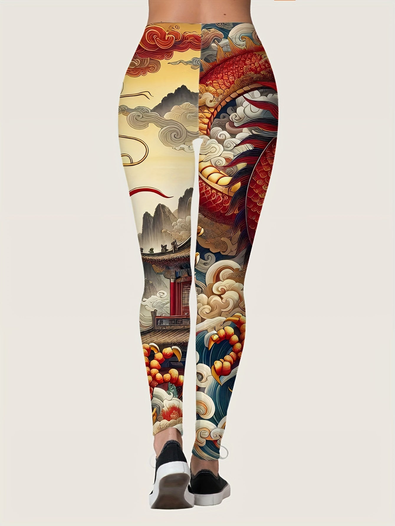 Women's Dragon Print Leggings - High-Quality Ultra Soft Comfort Fit with Bold Tribal Drawing Pattern, Polyester and Elastane Blend, Knit Fabric, Casual Style, All-Season Wear, Jegging Type