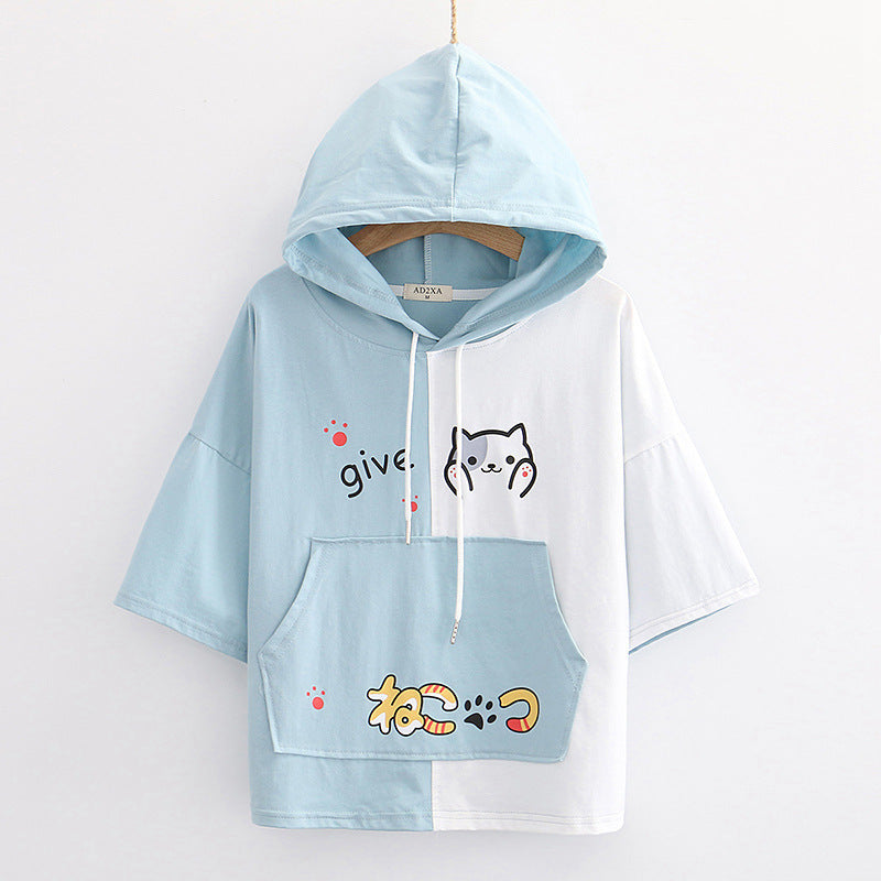 Japanese cartoon print loose hooded short sleeve T-shirt women-Aria Doejay