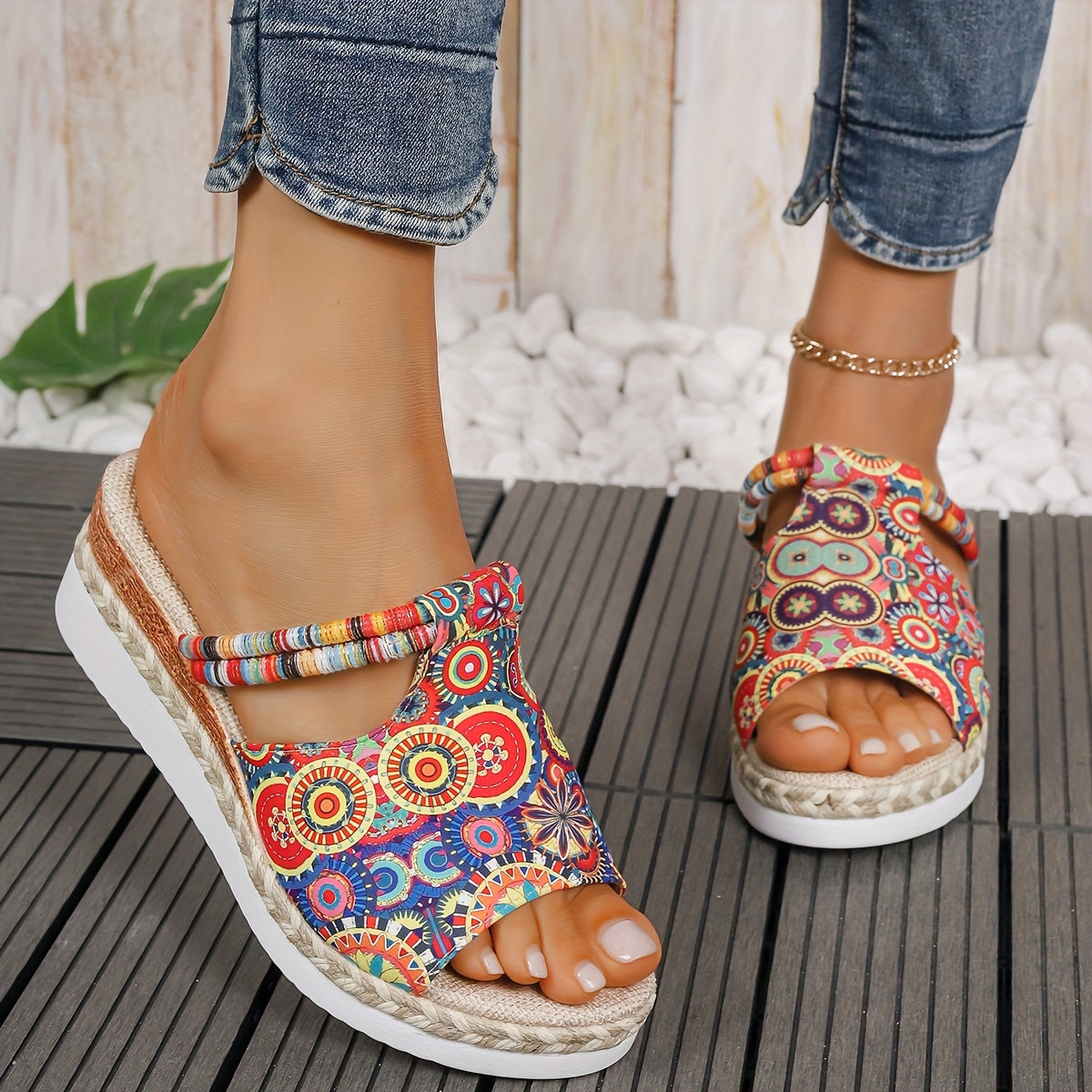 Vibrant Colorful Mandala Wedge Sandals - Slides with Comfortable Platform, Slip-On Design, Stylish Vacation Shoes for Beach, Pool, and Summer Fun - Perfect for Women's Comfortable Walking and Relaxation