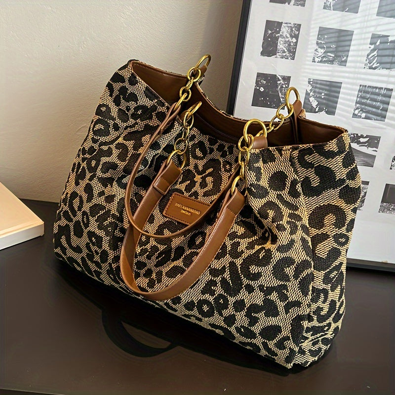 Women's Leopard Print Tote Bag - Faux Leather Shoulder Bag with Zipper Closure, Polyester Lined, Fixed Strap for Casual Outings