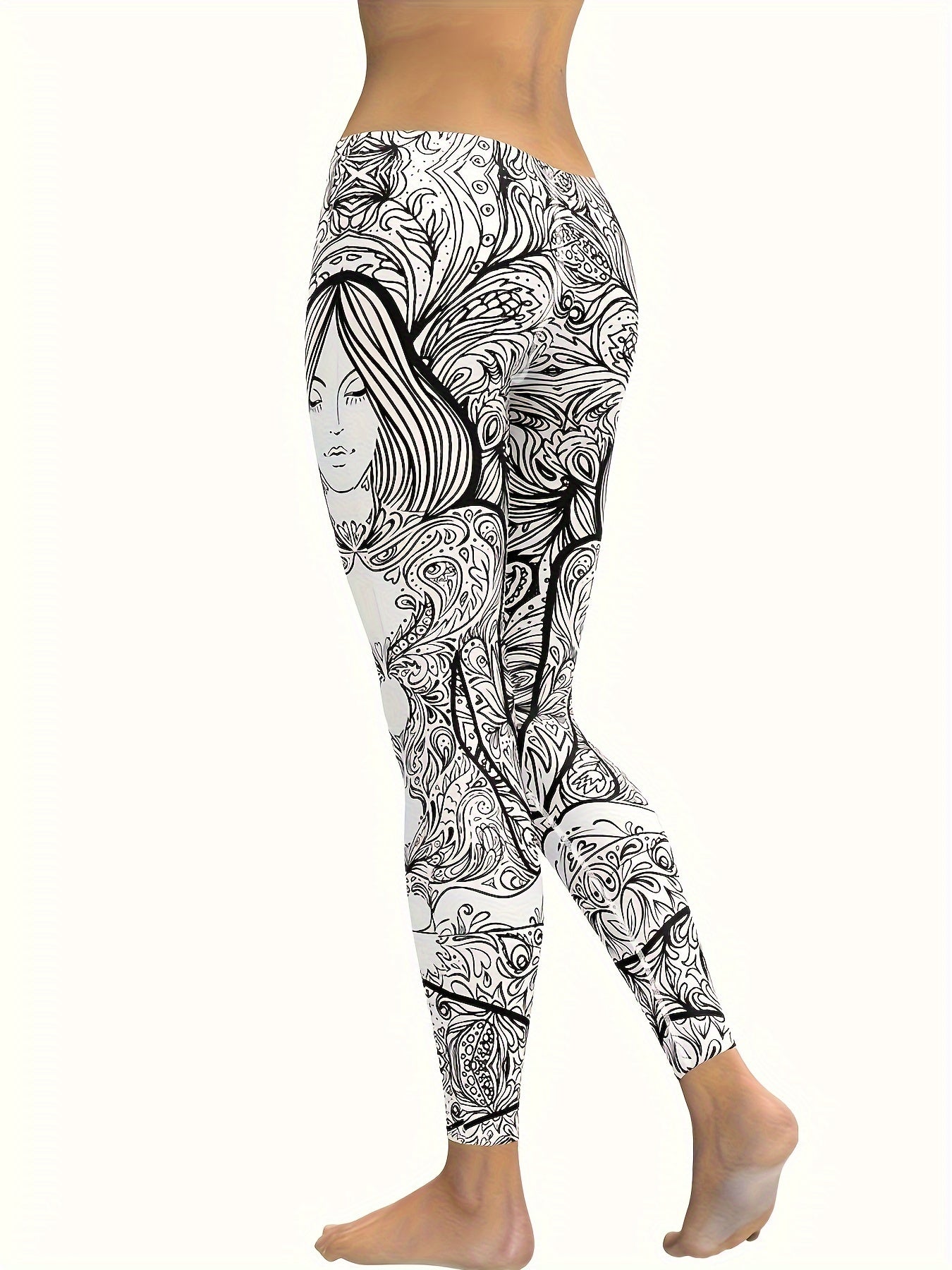 Black and white striped goddess printed women's yoga pants