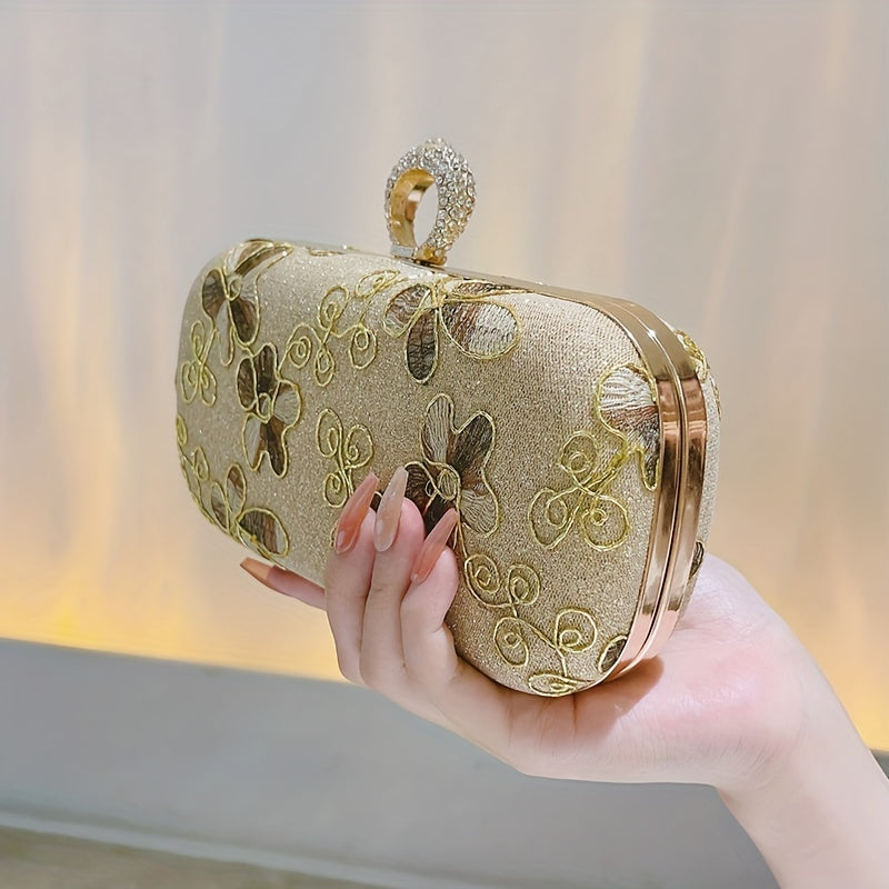 Golden Evening Clutch Purse, Classic Floral Embroidered Dinner Bag, Formal Banquet Bag For Wedding Party Prom