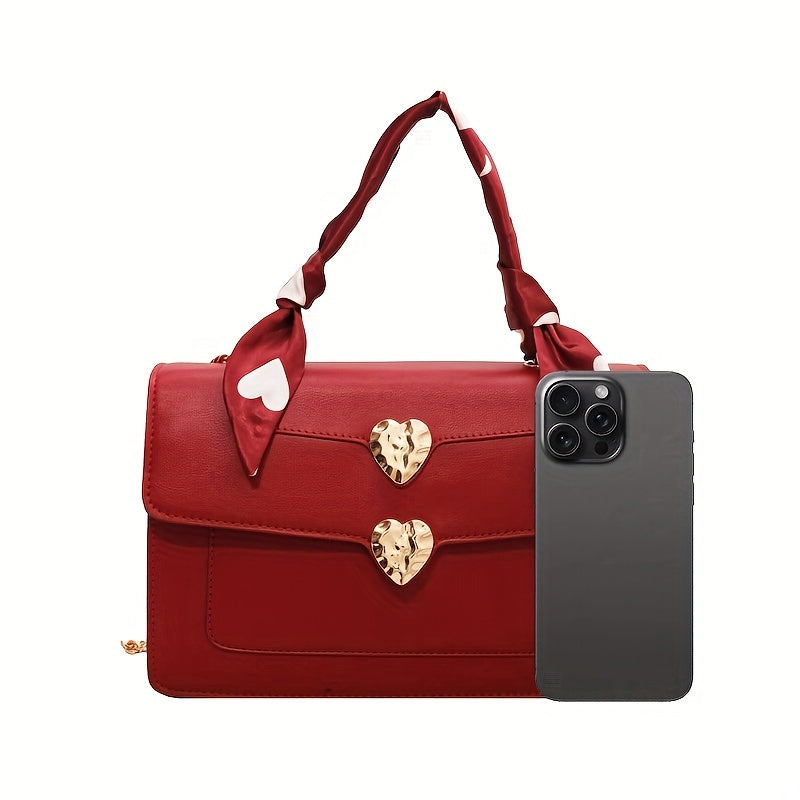 Elegant Red PU Leather Crossbody Bag with Magnetic Closure and Polyester Lining, Chic Solid Color Shoulder Handbag with Edge Paint Detail and Heart-Shaped Accents