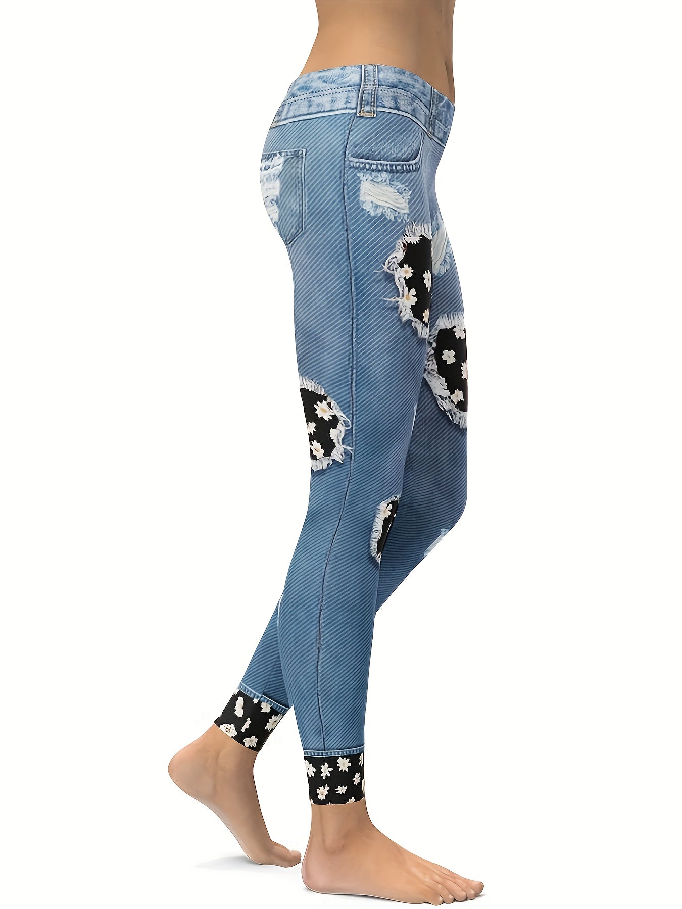 Spring/Summer/Autumn Women's Faux Denim-Look Leggings with Flower Print and Distressed Details