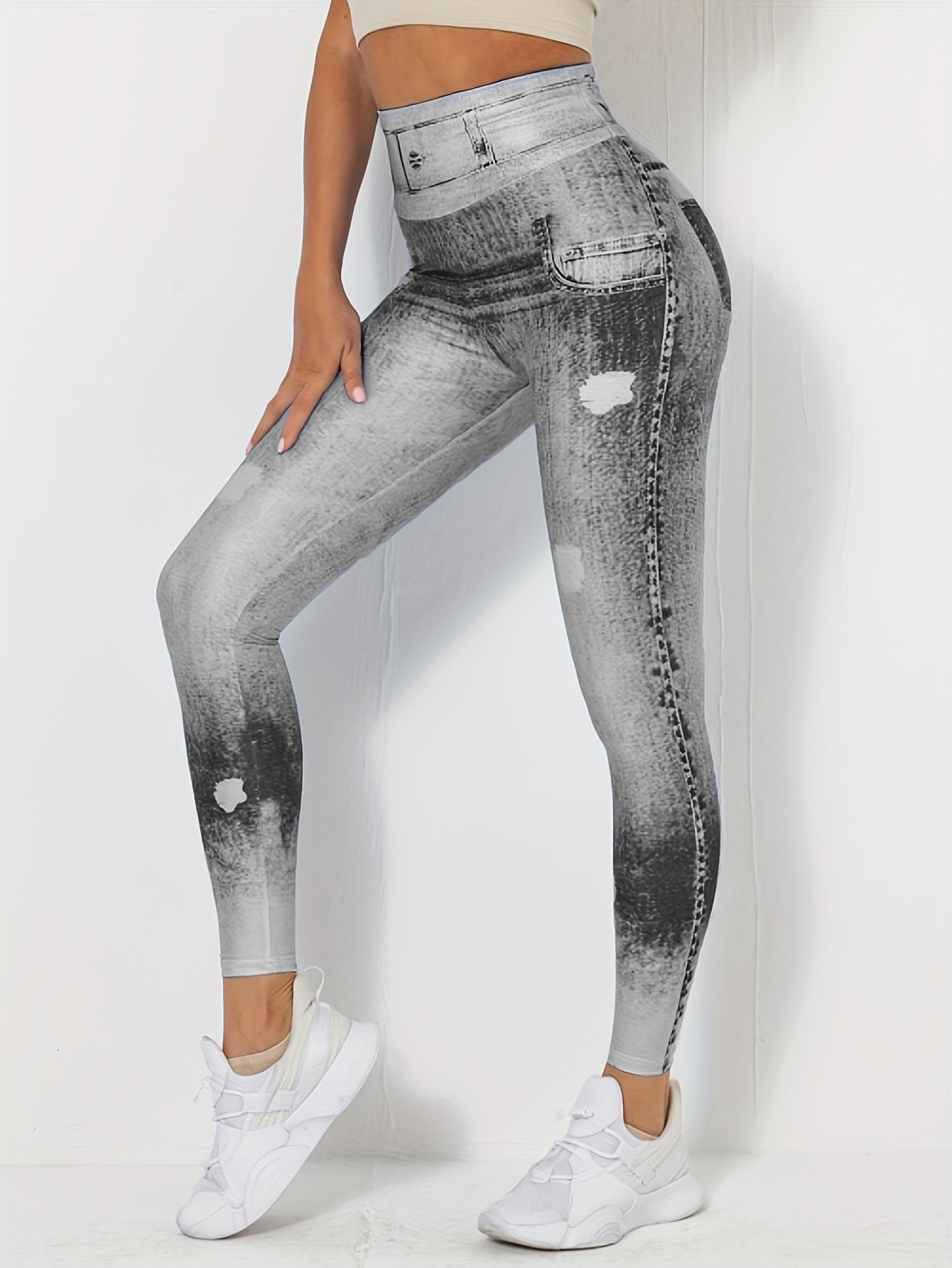 Faux Denim Print High Waist Leggings, Casual Skinny Stretchy Leggings For Every Day, Women's Clothing