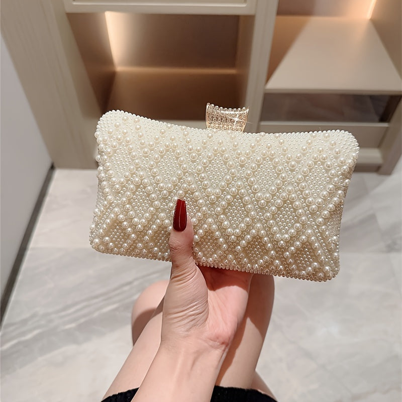 Elegant Pearl Evening Clutch Bag for Women, Polyester Lined Magnetic Closure Handbag with Clutch Accessory for Weddings, Banquets, Formal Events