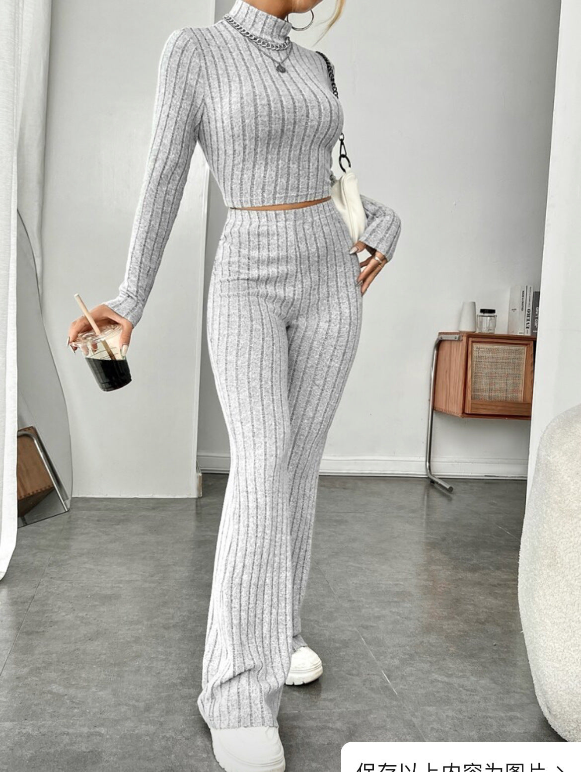 Long Sleeve Turtlenecks Wide Leg High Waist Trousers Suit-Aria Doejay