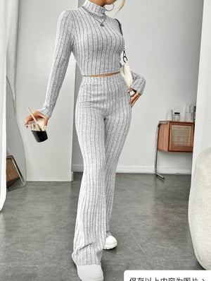 Long Sleeve Turtlenecks Wide Leg High Waist Trousers Suit-Aria Doejay