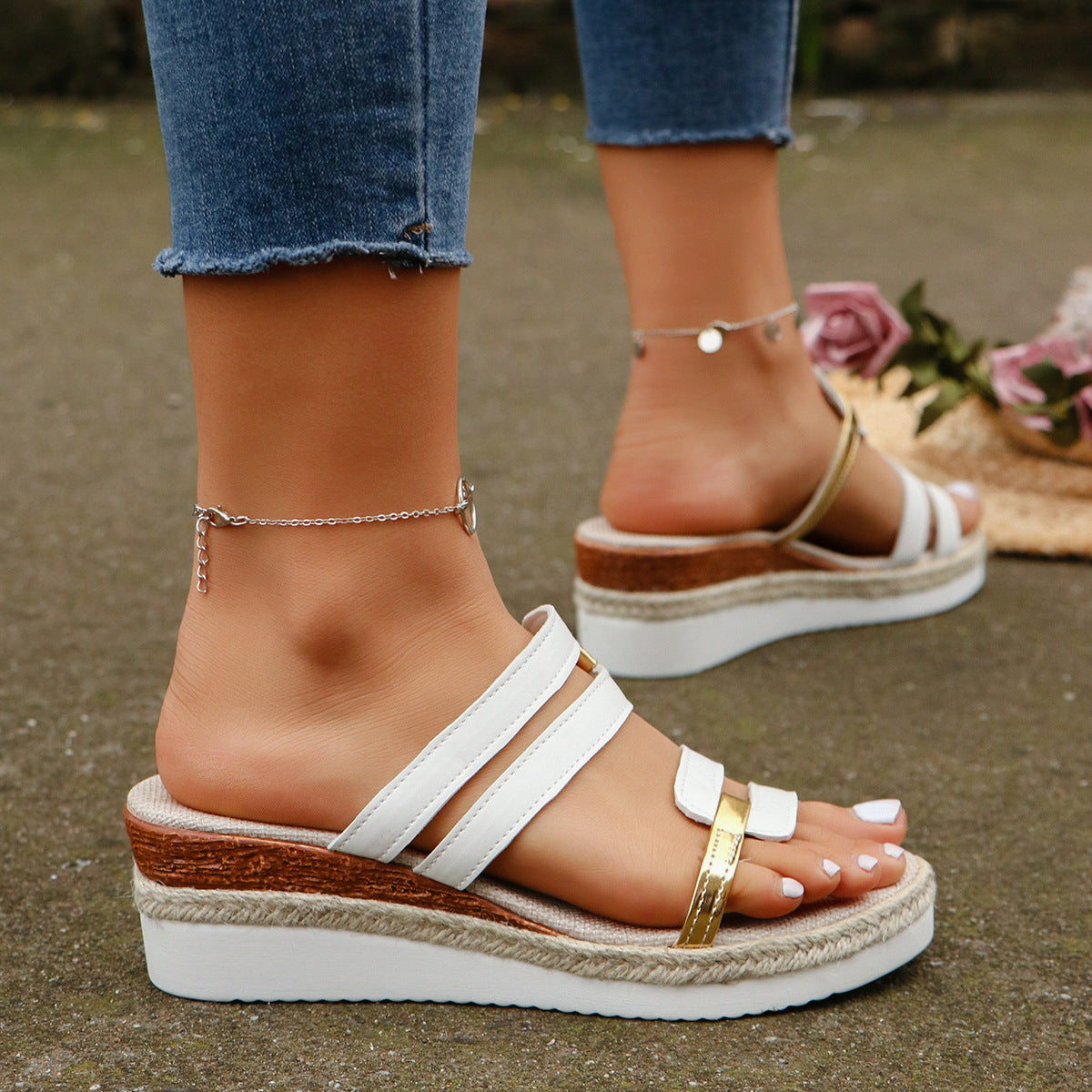 Colorblock-strap Wedges Sandals Summer Fashion Hemp Heel Slides Slippers Outdoor Thick Bottom Fish Mouth Shoes For Women-Aria Doejay