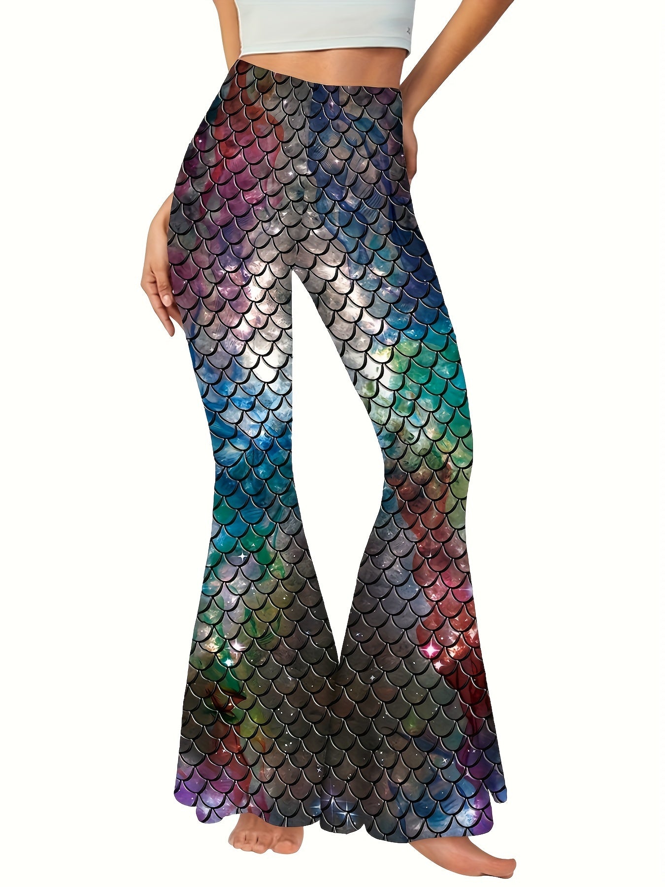 Stylish Mermaid Pants - High Waist, Slim Fit, Flare Leg, Fish Scales Print, Women's Fashion Clothing