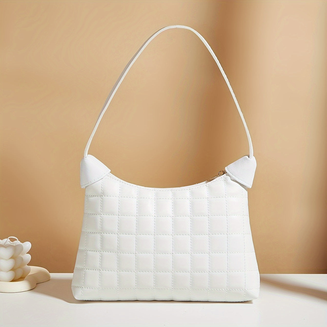 Elegant White Quilted Tote Bag with Wrist Strap - Large Capacity, Waterproof Faux Leather Shoulder Bag for Women | Chic Embroidered Accent, Zip Closure, Polyester Lined | Fashionable Solid Color Handbag