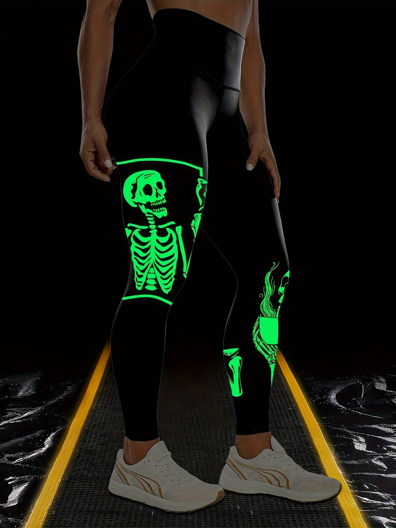 Women's Glow in the Dark Halloween Skeleton Printed Leggings, High Waist Tummy Control Sports Yoga Pants, Polyamide & Spandex Stretch Knit, All-Season Fitness Running Gear