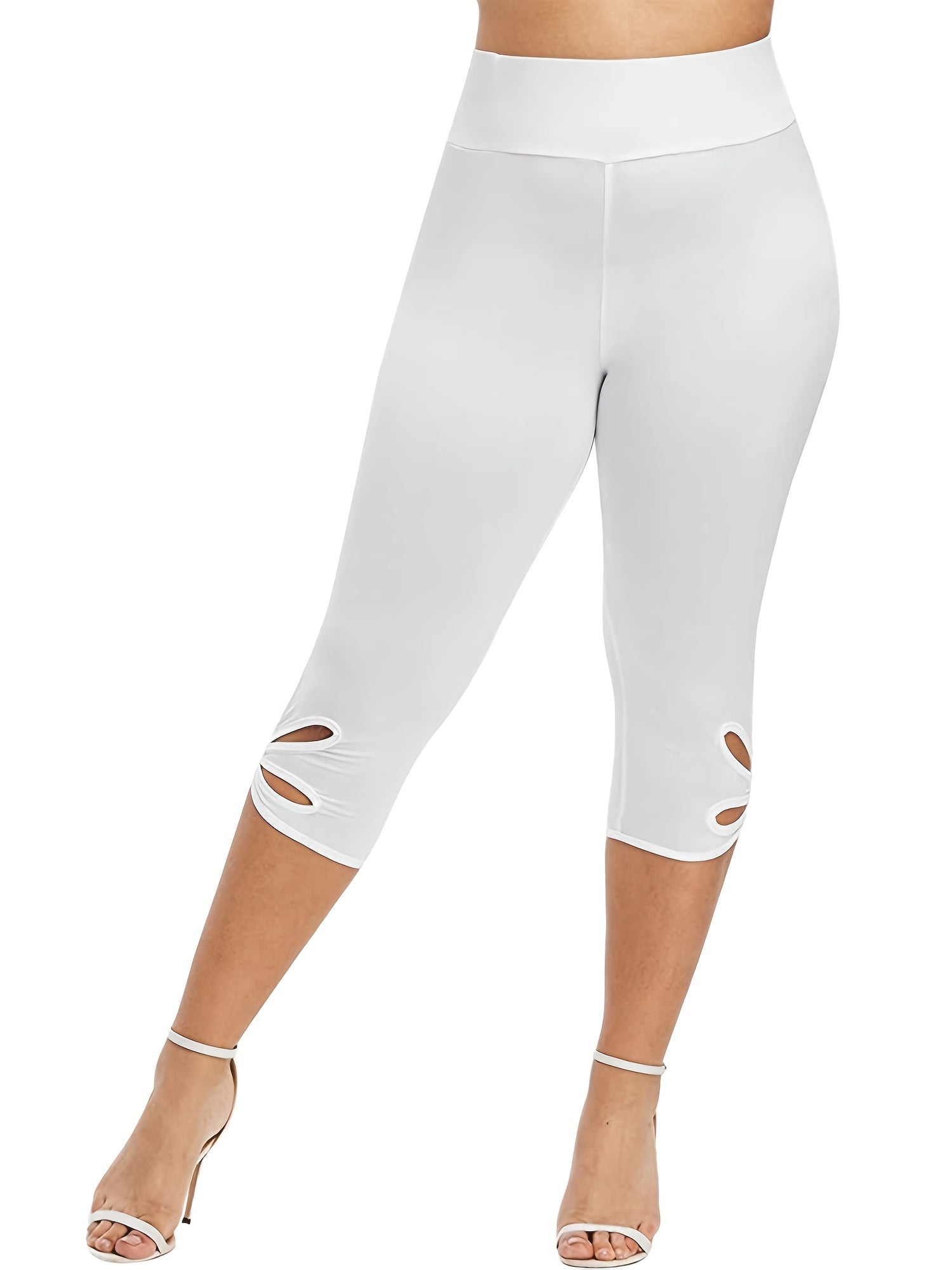 Plus Size High Rise Cut Out Capri Leggings - Comfortable Medium Stretch, Fashionable Solid Color, Perfect for Casual Chic - Womens Plus, Eye-Catching High Waist Design, Stylish Cut Out Detail