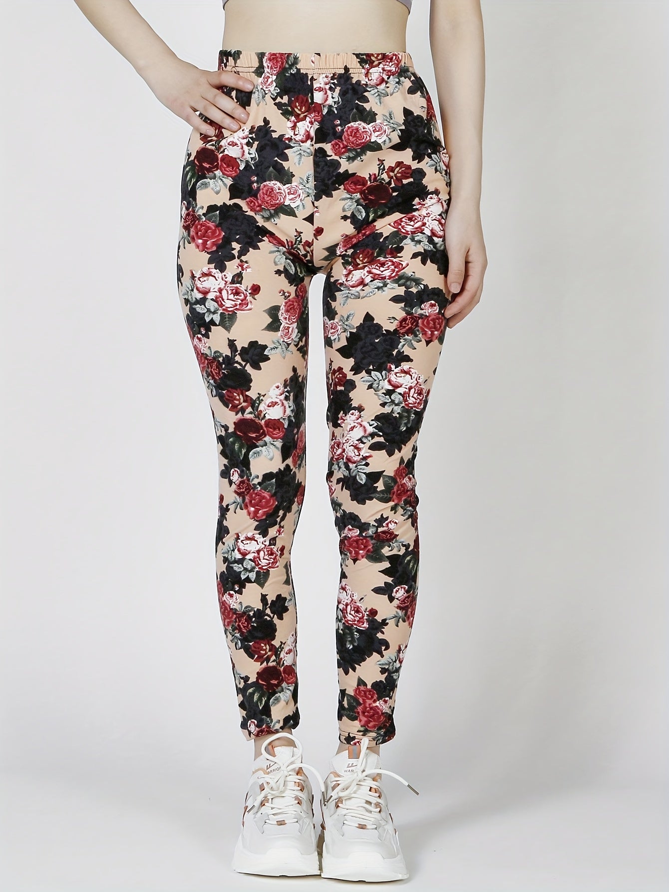 Casual Elastic Waist Floral Print Skinny Leggings, Stretchy Women's Clothing