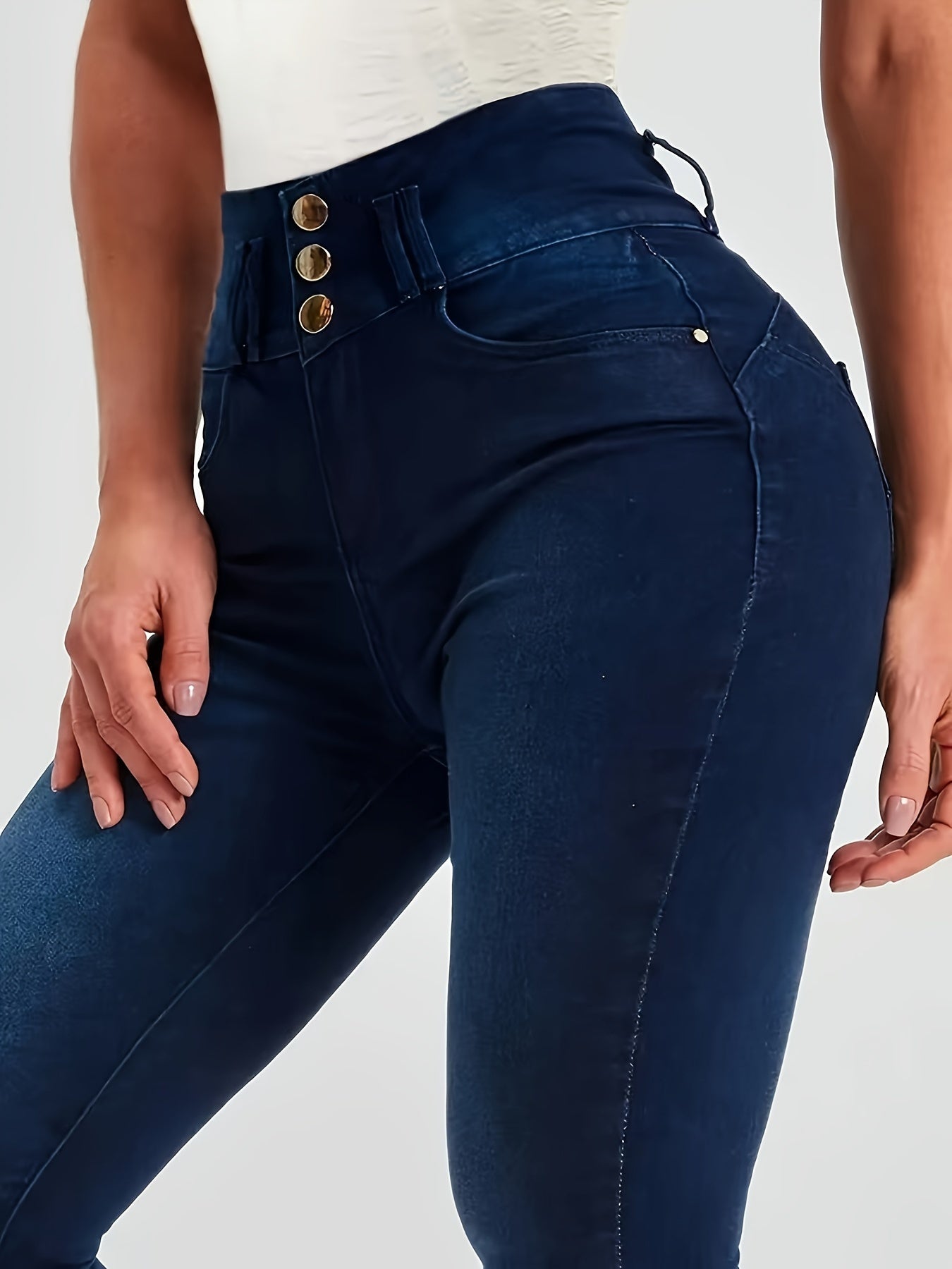 Fashionable Single-Breasted Womens Jeans - High Rise Skinny Fit in Classic Blue Wash - Premium Hot Denim Pants for a Chic Wardrobe Staple