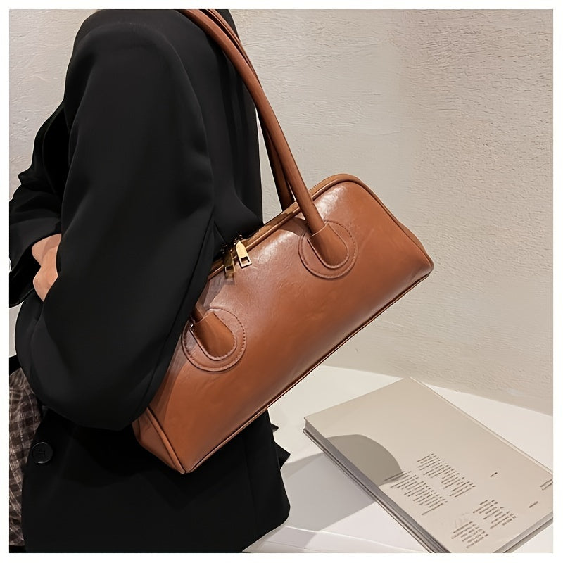 Chic Vintage-Inspired Solid Color Shoulder Bag - Women's Fashion Underarm Handbag with Zip Closure, Polyester Lined, PU Material