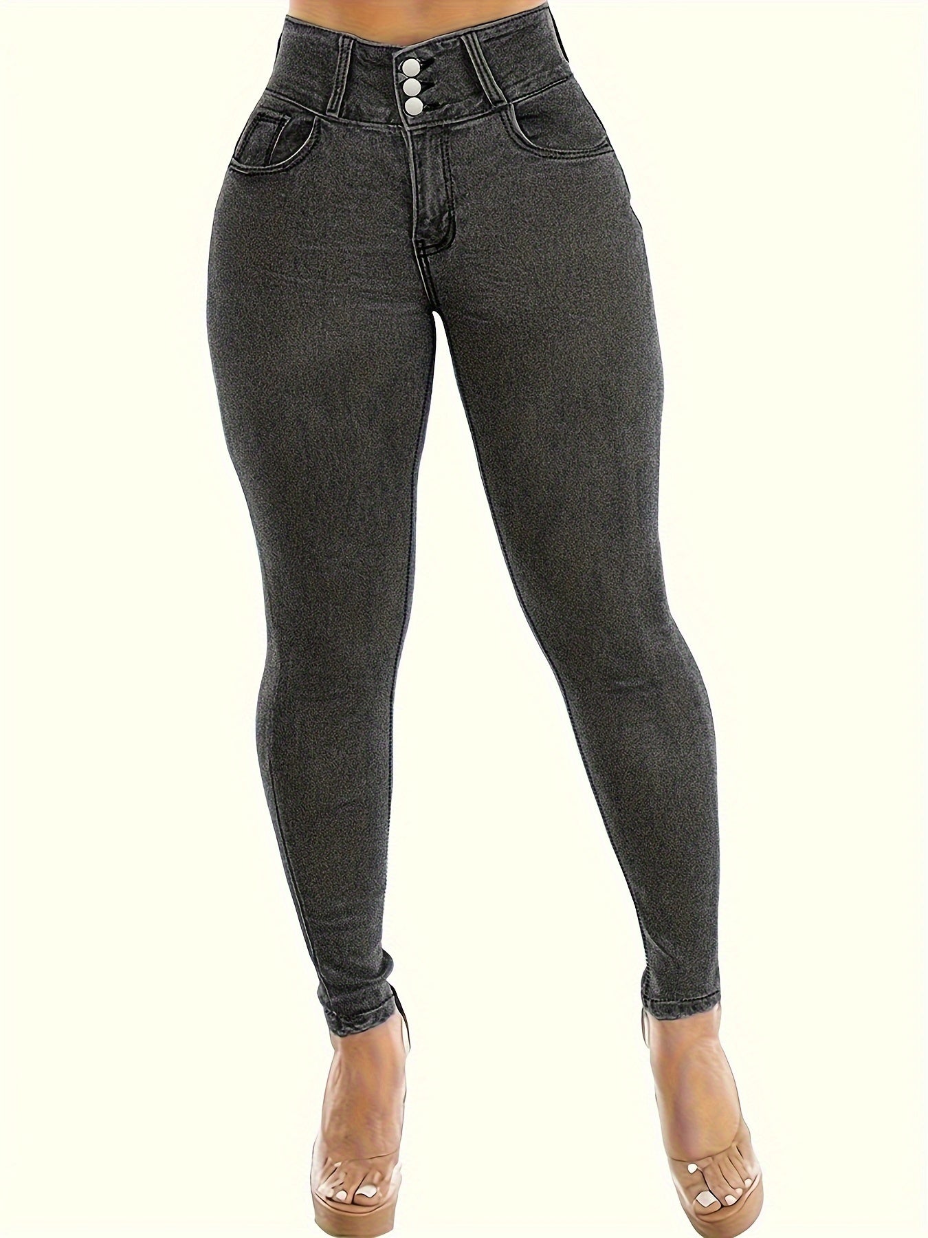 Women'S High-Waisted Butt-Lifting Tight Jeans, Cotton Blend, Elegant Style, Stretch Fabric, Solid Color, All-Season, Washed Denim, Tight Fit, Woven