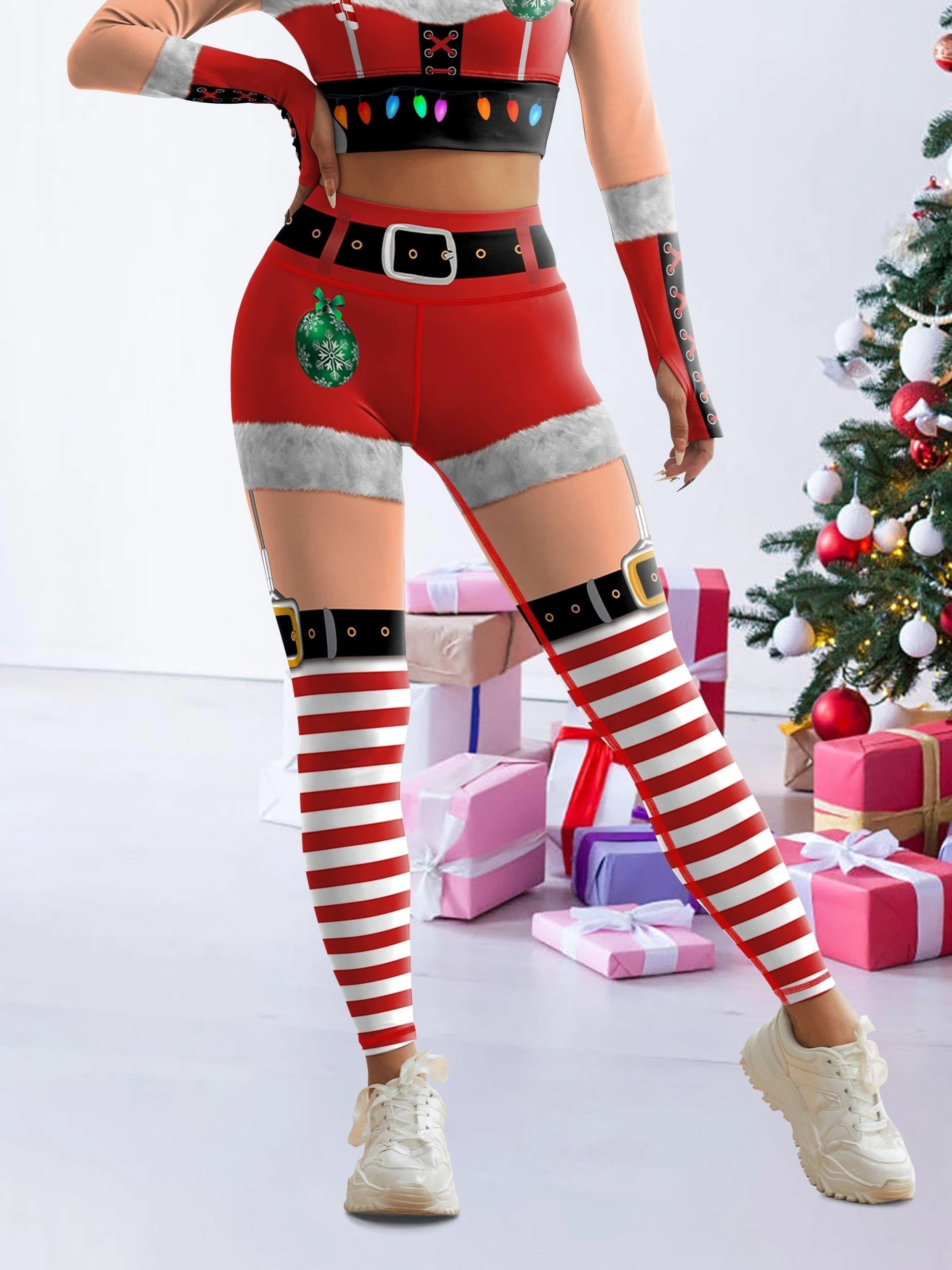 Festive Christmas Yoga Pants: High-Waisted, Long-Length, Knit Fabric, Polyester Blend, Suitable for All Seasons