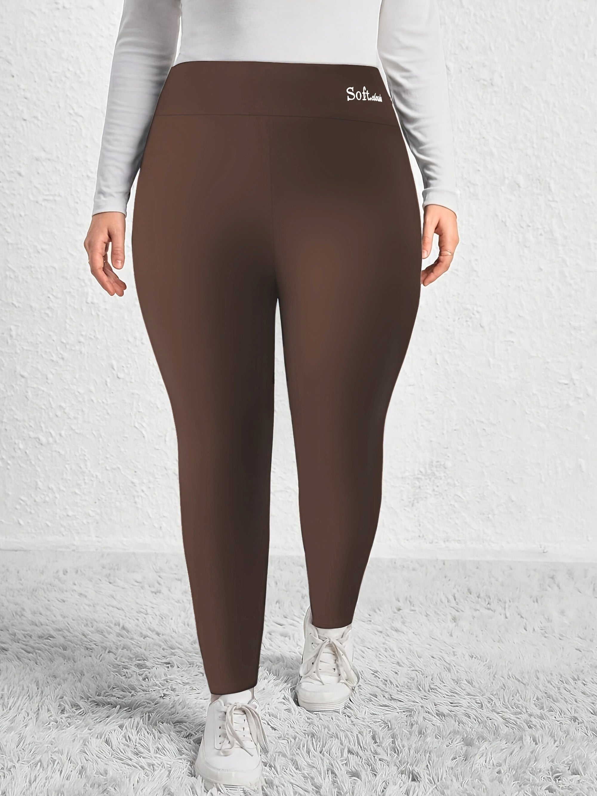 Plus Size Embroidered Leggings for Women - Elegant High Waist Thermal Tights with Soft Fleece Lining, Polyester and Spandex Blend, Slight Stretch, Solid Color, Fall/Winter Collection