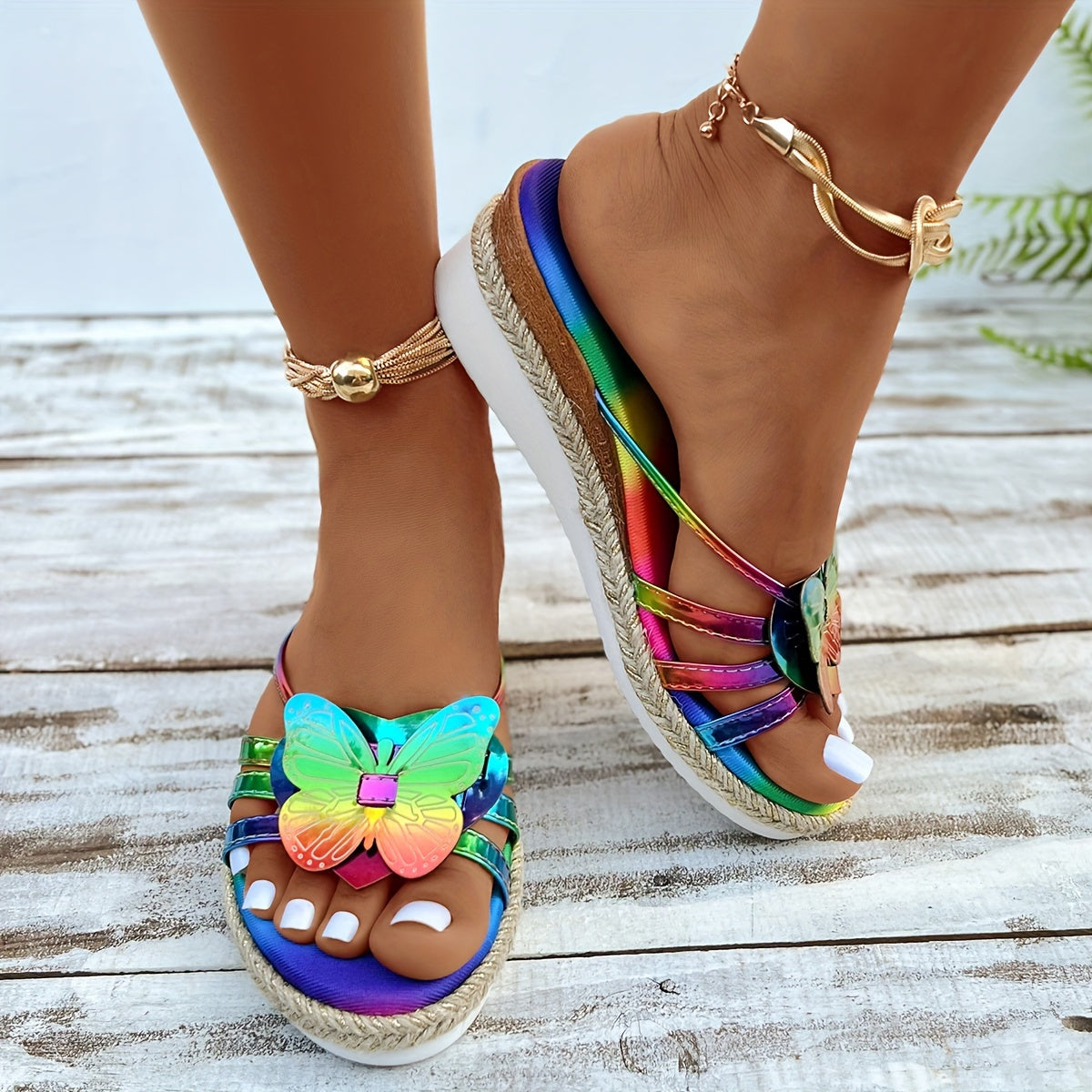 Vibrant Butterfly Wedge Slides - Women's Platform Slip-On Walking Slides - Comfortable Vacation Espadrilles with Colorful Butterfly Embellishments and Wedge Heel for Summer Outings and Beach Trips