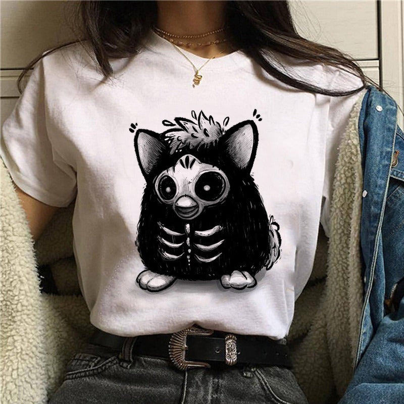 Cartoon Cat Mushroom Halloween Print T-shirt Short Sleeve-Aria Doejay