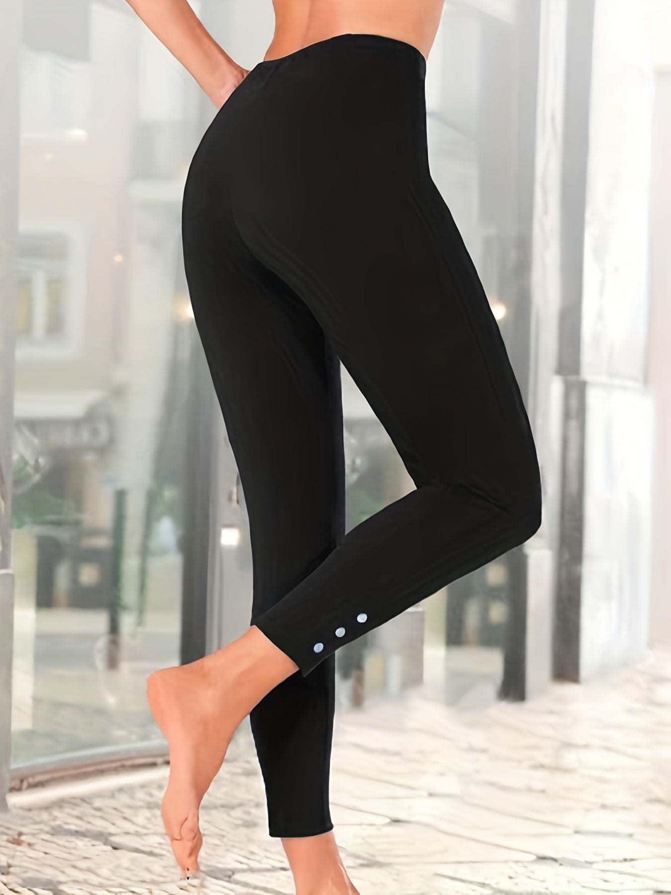 Plus Size High Rise Leggings - Relaxed Casual Style, Solid Vibrant Color, Elegant Faux Pearl Decoration, Medium Stretch, Fitness Leggings for Active Lifestyle, Designed for Curvy Women, Comfortable and Chic