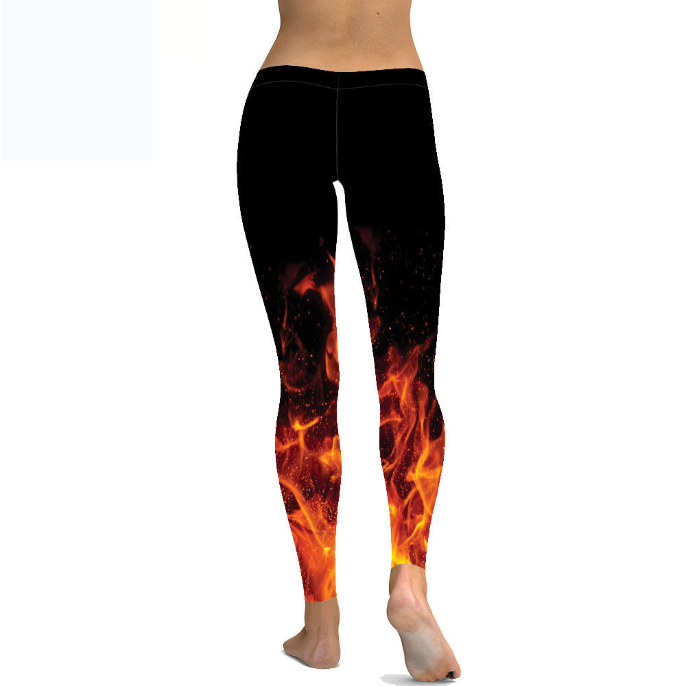 Flame Black Print Cropped Pants High Waist Sports Plus Size Leggings