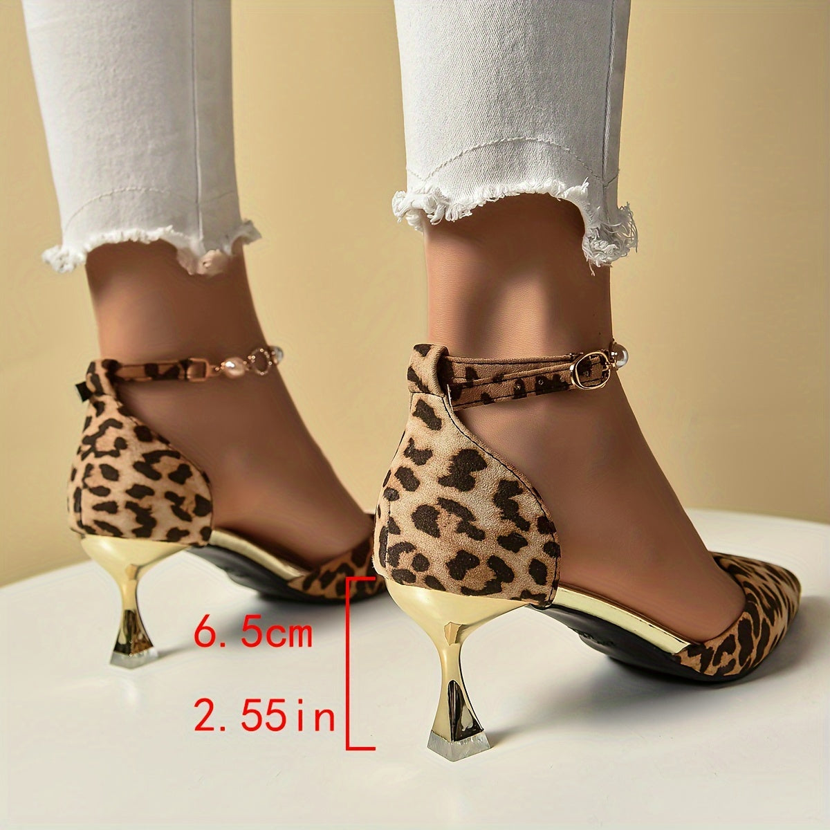 Women's Faux Pearl Strap, Hollow Out Leopard Print Elegant High Heels, Point Toe Summer Dressy Shoes