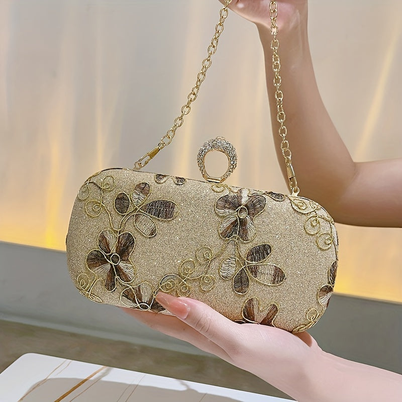 Golden Evening Clutch Purse, Classic Floral Embroidered Dinner Bag, Formal Banquet Bag For Wedding Party Prom