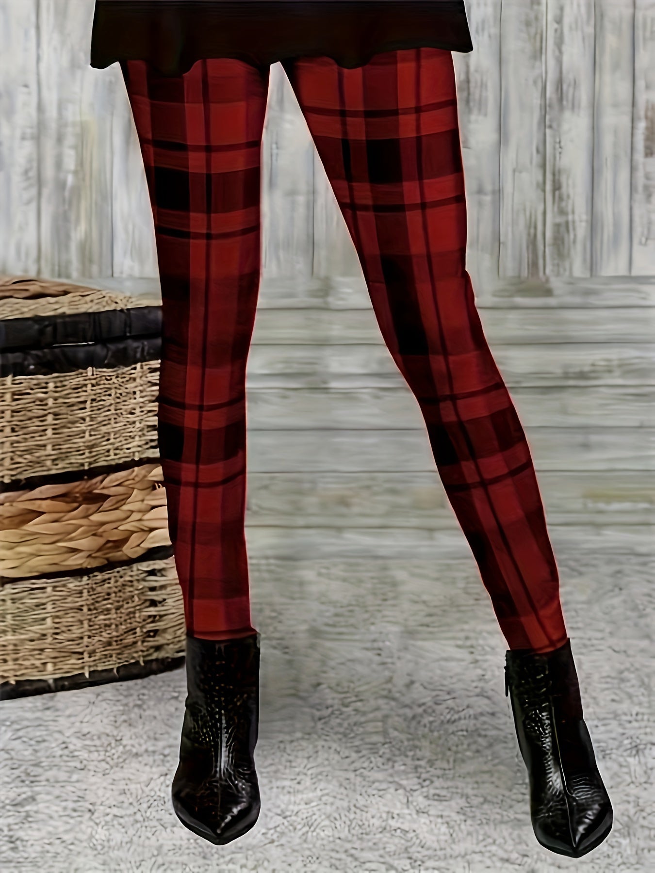 Plus Size Casual Leggings, Women's Plus Plaid Print Elastic High Rise Medium Stretch Leggings